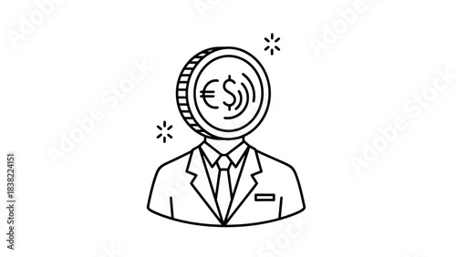 A stylized illustration of a person in a suit with a coin featuring currency symbols for their head.