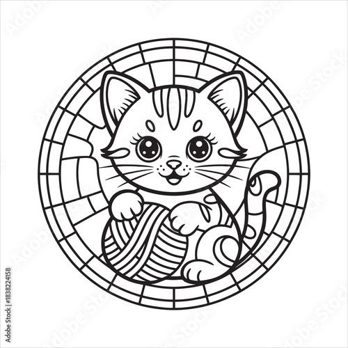 Cute Geometric Cat Head Stained Glass Line Art Pet Animal Outline