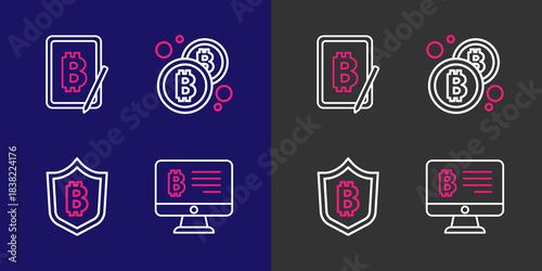 Set line Mining bitcoin from monitor, Shield with, Bitcoin and tablet icon. Vector