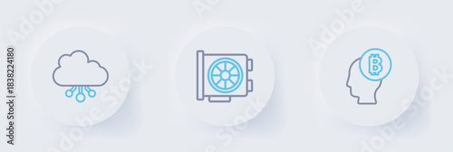 Set line Bitcoin think, Video graphic card and Cryptocurrency cloud mining icon. Vector