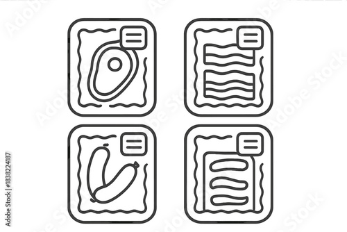 Four outline icons representing various packaged raw meat products