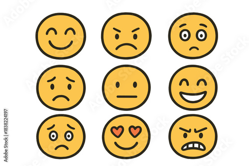 Nine yellow emoji faces displaying various emotions and expressions