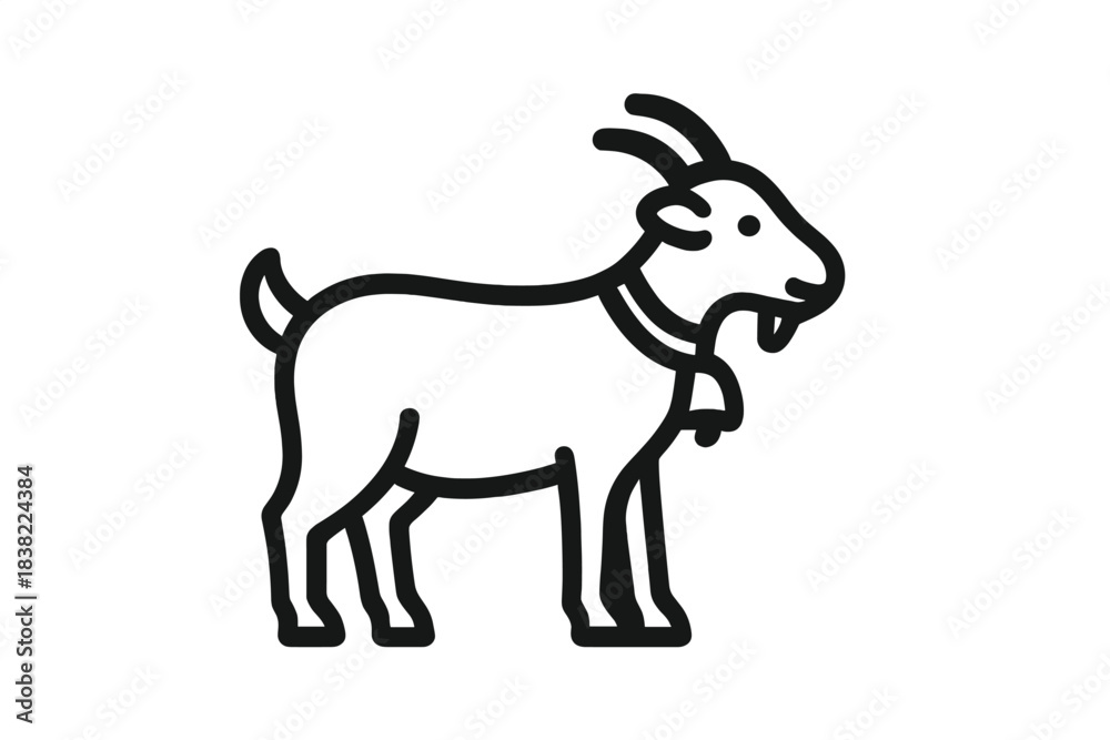 Fototapeta premium Cute goat standing with a collar and bells in a simple line art style