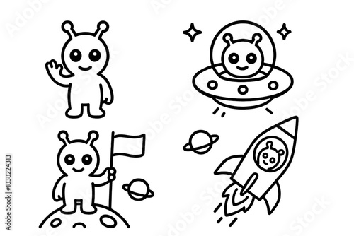 Friendly cartoon alien characters and space travel icons in outline style