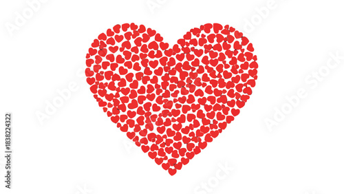 A large red heart shape formed by many small red heart shapes on a white background.