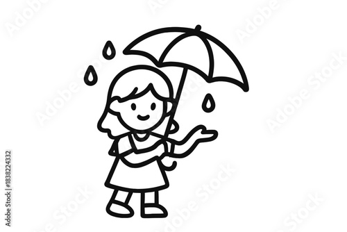 Happy child with umbrella protecting from falling raindrops simple line art