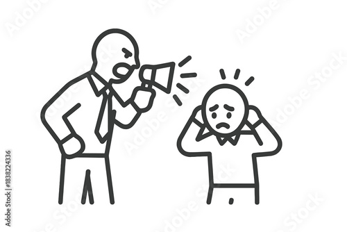 Aggressive manager shouting through megaphone at distressed employee covering ears