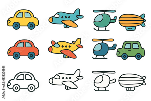 Set of cute cartoon transportation icons including cars, airplanes, helicopters, and blimp