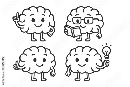 Four cute cartoon brain characters demonstrating thinking and creative ideas