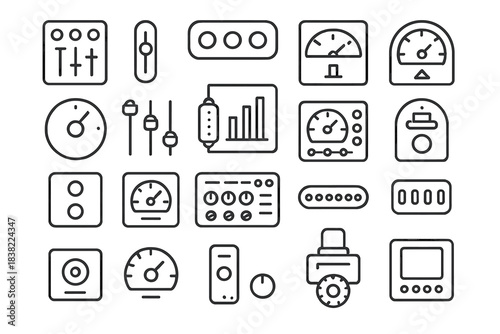 Outline icons set for audio mixing and control panels interface elements