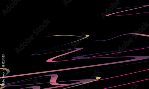 Abstract vector with dynamic curved lines in multicolored gradients on a black background. The modern design conveys energy, movement and a futuristic aesthetic, perfect for backgrounds, posters, etc.