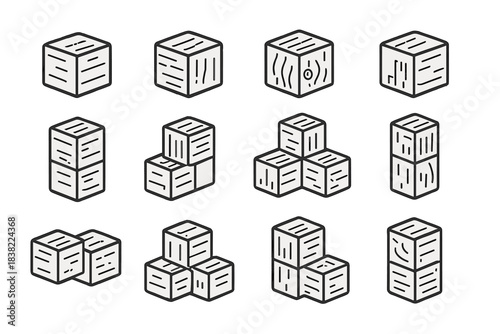 Different designs of wooden blocks arranged in various patterns on a white background during daytime