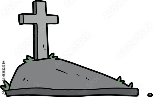Cartoon grave with cross headstone, RIP burial icon, remembrance mourning symbol, cad drawing flat vector illustration, blackwhite