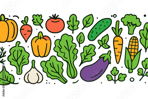 Colorful fresh vegetables and greens arranged in a flat layout on a plain background ready for a healthy meal preparation