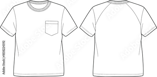 Basic unisex T-shirt with short sleeves, round neck, chest pocket, front and back views, casual wear, fashion, vector CAD drawing illustration