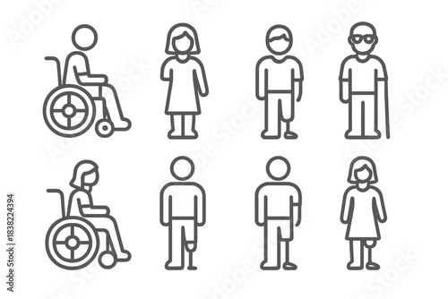 Different types of people showing various abilities and mobility aids in a simple design