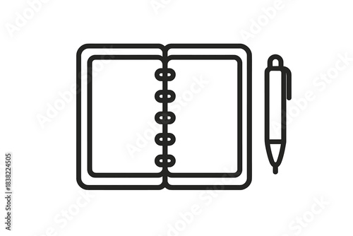 Minimalist black and white line drawing of an open spiral notebook and a writing pen