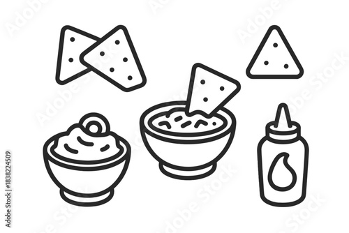 Mexican food appetizers outline symbols including tortilla chips, guacamole, salsa, and sauce