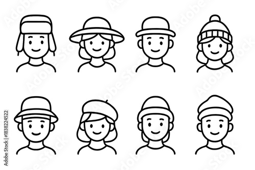 Minimalist line art avatar collection featuring various headwear styles and happy faces