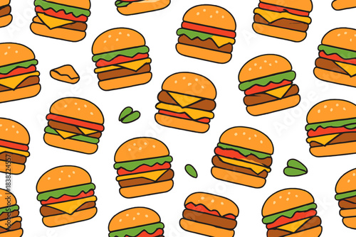 Seamless repeating pattern of delicious fast food cheeseburgers and classic hamburgers