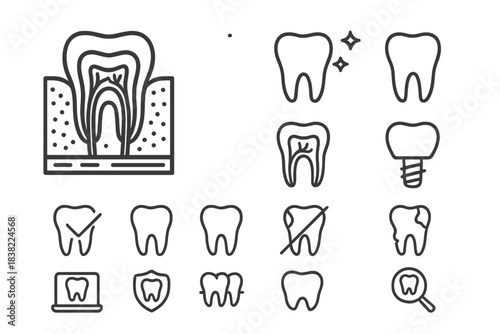 Outline symbols for dentistry, tooth structure, dental care, and oral hygiene