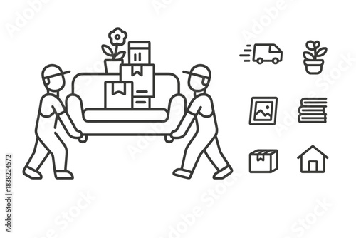 Professional movers carrying furniture and boxes with relocation service icons