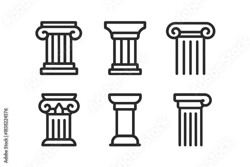 Set of six classical architectural columns including Doric, Ionic, and Corinthian styles