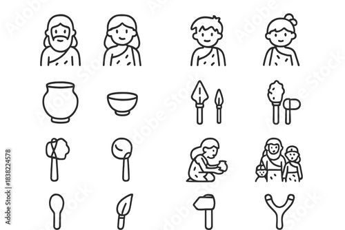 Prehistoric human civilization symbols featuring ancient people, stone tools, and primitive pottery