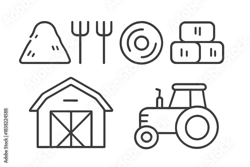 Minimalist line art collection of agricultural elements and farming equipment
