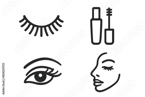 Minimalist line symbols for beauty and makeup featuring eyes, lashes, mascara, and cosmetics