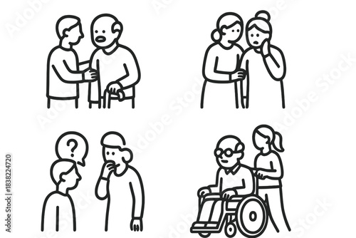 Elderly care and support showing communication, assistance, health, and mobility issues