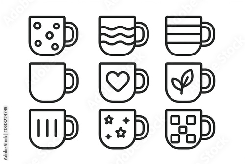 Outline coffee mugs and tea cups collection with various decorative patterns