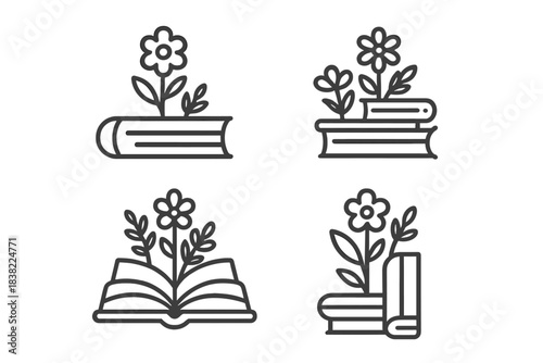 Knowledge and growth symbolized by flowers blooming from open and closed books