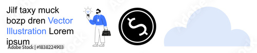 Innovation, financial planning, cloud technology, business development, creative thinking, decision support. Man holding lightbulb, financial icon and cloud shape. Innovation and financial planning