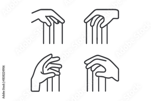 Four distinct outline icons illustrating hands pulling strings symbolizing control, authority, and manipulation