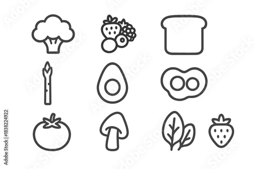 Healthy food ingredients icons set including vegetables, fruits, eggs, and bread