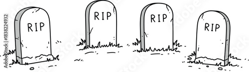 Cartoon gravestone RIP icons, blackwhite cemetery tombstone set, Halloween death remembrance scene, cad drawing flat vector illustration