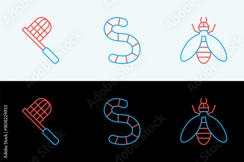 Set line Bee, Butterfly net and Worm icon. Vector