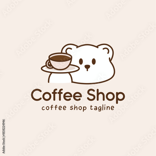 Minimalist coffee shop logo featuring cute bear mascot with coffee cup. Friendly illustration with soft brown tones for cafe branding and design.