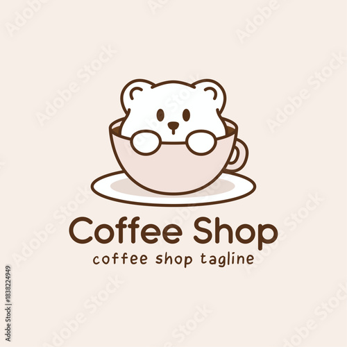 Charming coffee shop logo featuring bear mascot peeking from inside coffee cup. Cute illustration with pastel colors for cafe and bakery branding.