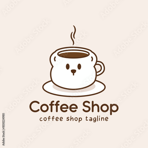 Charming coffee logo featuring bear-shaped mug with steaming hot coffee. Cute mascot design with minimalist style for cafe branding.