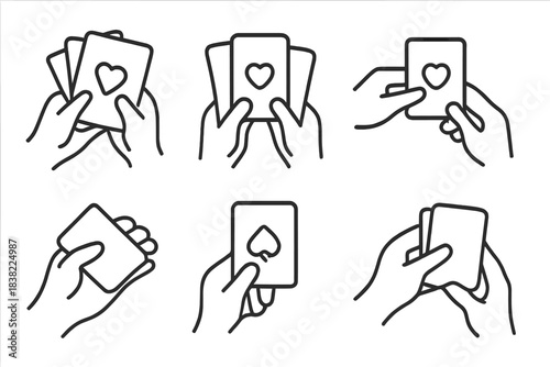 Outline icons of human hands holding, dealing, and revealing playing cards