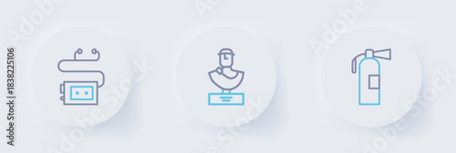 Set line Fire extinguisher, Ancient bust sculpture and Museum audio guide icon. Vector