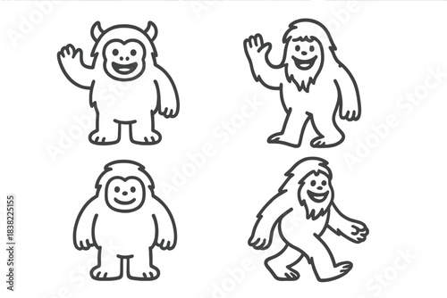 Collection of four cute smiling mythical hairy creatures in various poses