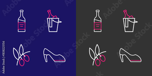 Set line Woman shoe, Olives branch, Bottle of wine in bucket and icon. Vector