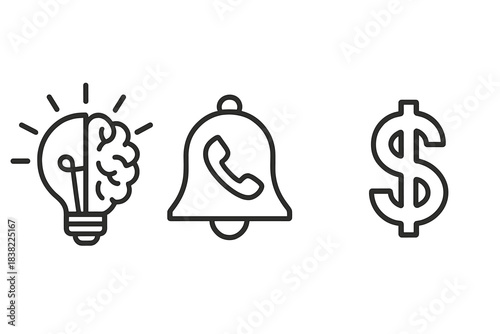 Linear business concepts set featuring idea generation, communication, and financial success symbols