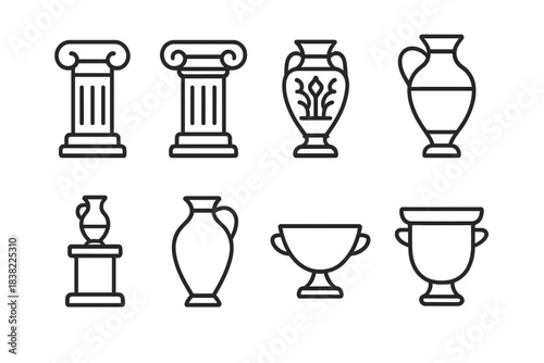 Historical icons of classical architecture columns and various ancient Greek pottery vessels
