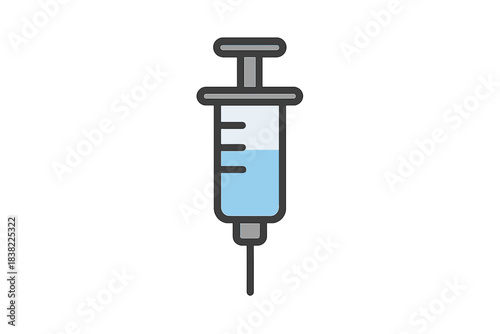 Medical syringe filled with blue liquid ready for injection or vaccination