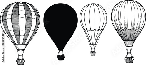 Vintage hot air balloon illustration, hand drawn, ink sketch, black silhouette, detailed line art, flying balloon design for decoration