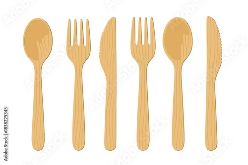 Disposable wooden cutlery set featuring spoons, forks, and knives for sustainable dining